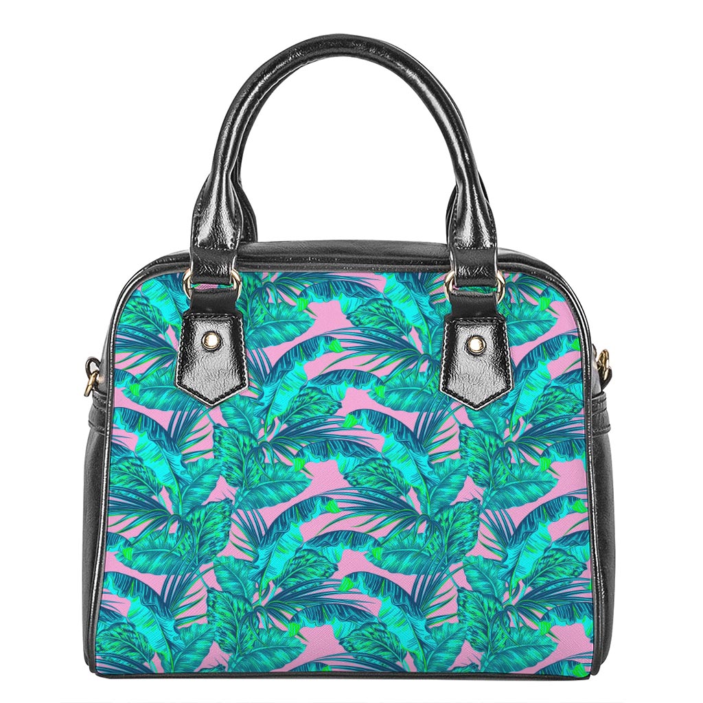 Pink Teal Tropical Leaf Pattern Print Shoulder Handbag