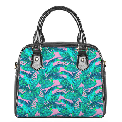 Pink Teal Tropical Leaf Pattern Print Shoulder Handbag
