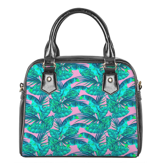 Pink Teal Tropical Leaf Pattern Print Shoulder Handbag
