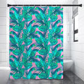 Pink Teal Tropical Leaf Pattern Print Shower Curtain