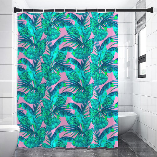 Pink Teal Tropical Leaf Pattern Print Shower Curtain