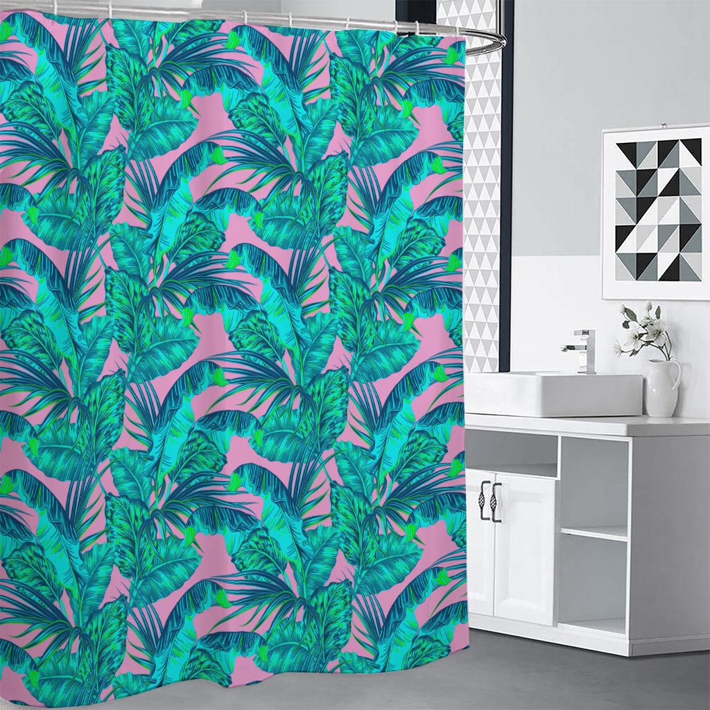 Pink Teal Tropical Leaf Pattern Print Shower Curtain