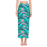Pink Teal Tropical Leaf Pattern Print Side Slit Maxi Skirt
