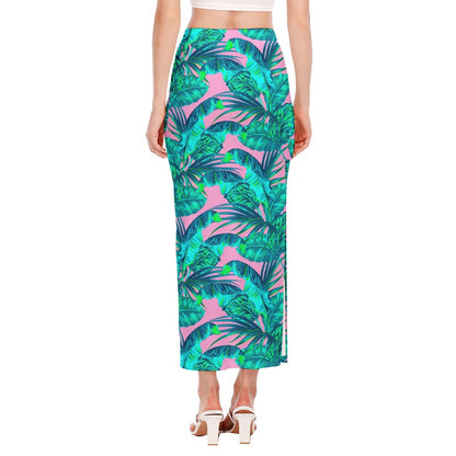 Pink Teal Tropical Leaf Pattern Print Side Slit Maxi Skirt