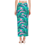 Pink Teal Tropical Leaf Pattern Print Side Slit Maxi Skirt