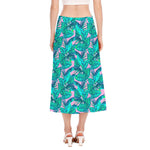 Pink Teal Tropical Leaf Pattern Print Side Slit Midi Skirt