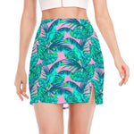 Pink Teal Tropical Leaf Pattern Print Side Slit Mini Skirt