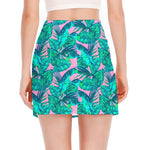 Pink Teal Tropical Leaf Pattern Print Side Slit Mini Skirt