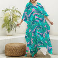 Pink Teal Tropical Leaf Pattern Print Silk V-Neck Kaftan Dress