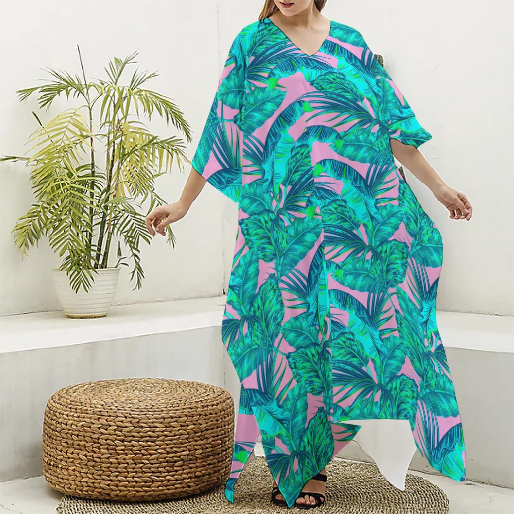 Pink Teal Tropical Leaf Pattern Print Silk V-Neck Kaftan Dress