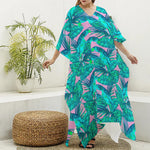Pink Teal Tropical Leaf Pattern Print Silk V-Neck Kaftan Dress