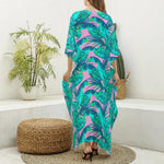 Pink Teal Tropical Leaf Pattern Print Silk V-Neck Kaftan Dress