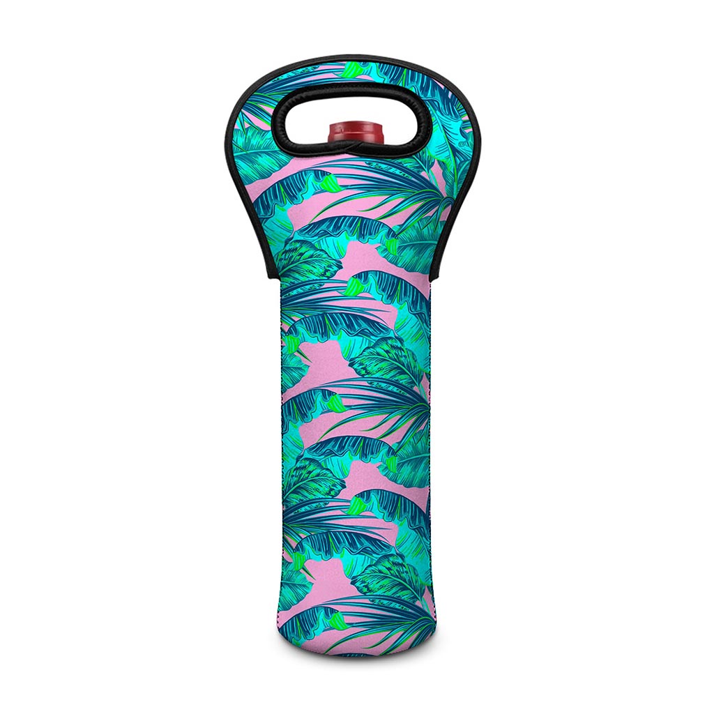 Pink Teal Tropical Leaf Pattern Print Single Neoprene Wine Tote