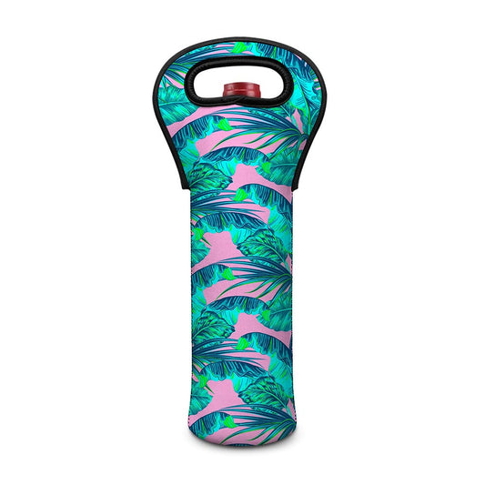 Pink Teal Tropical Leaf Pattern Print Single Neoprene Wine Tote