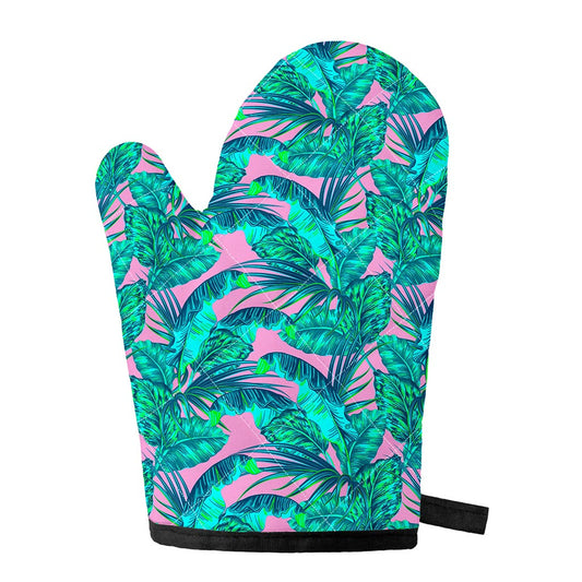 Pink Teal Tropical Leaf Pattern Print Single Oven Mitt
