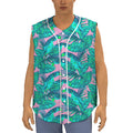 Pink Teal Tropical Leaf Pattern Print Sleeveless Baseball Jersey