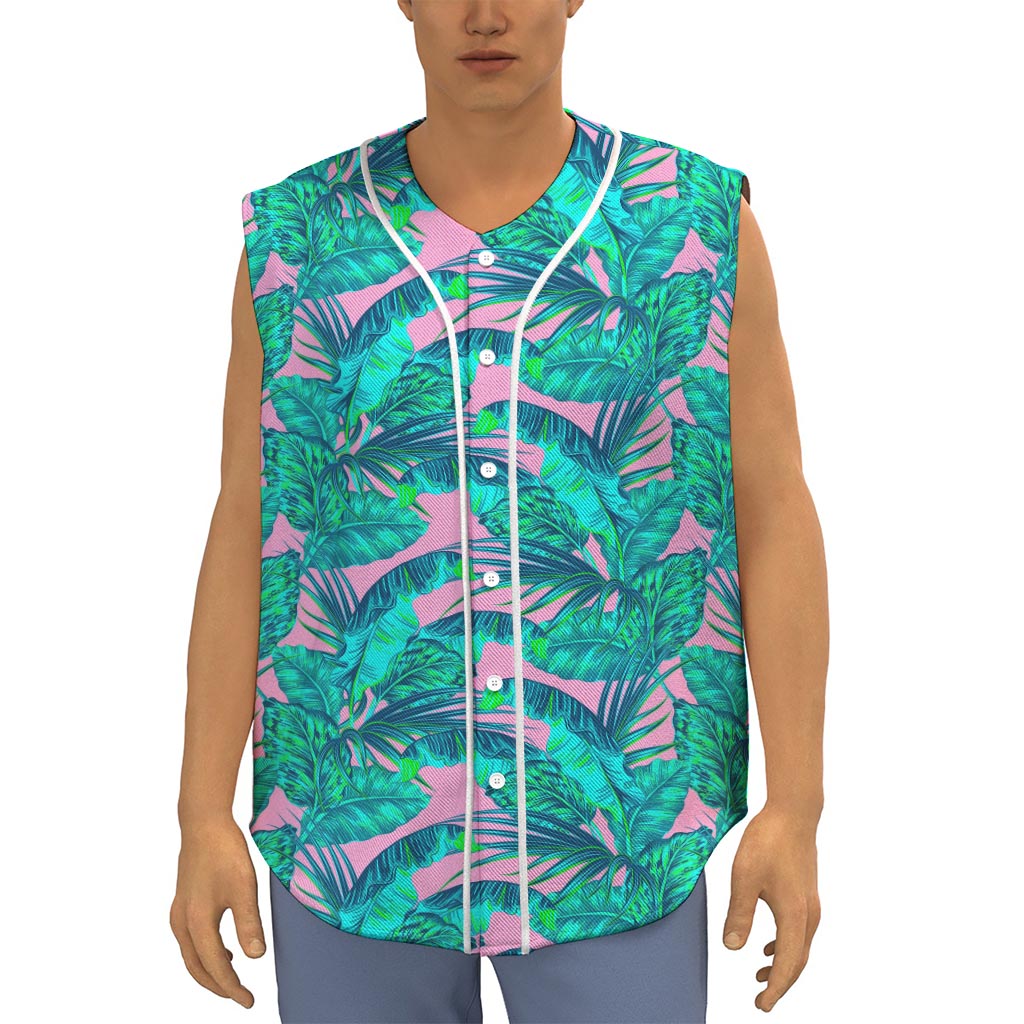Pink Teal Tropical Leaf Pattern Print Sleeveless Baseball Jersey