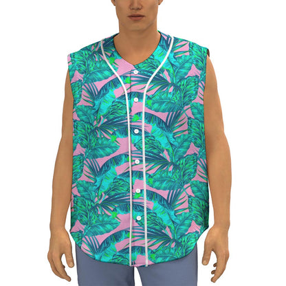 Pink Teal Tropical Leaf Pattern Print Sleeveless Baseball Jersey