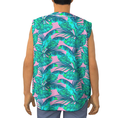 Pink Teal Tropical Leaf Pattern Print Sleeveless Baseball Jersey