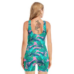 Pink Teal Tropical Leaf Pattern Print Sleeveless One Piece Swimsuit