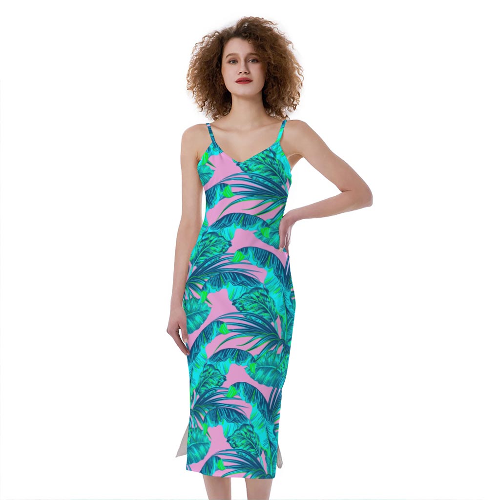 Pink Teal Tropical Leaf Pattern Print Slim Fit Midi Cami Dress