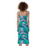 Pink Teal Tropical Leaf Pattern Print Slim Fit Midi Cami Dress