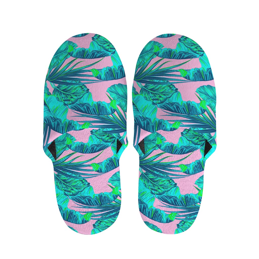 Pink Teal Tropical Leaf Pattern Print Slippers