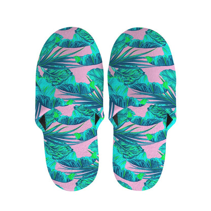 Pink Teal Tropical Leaf Pattern Print Slippers