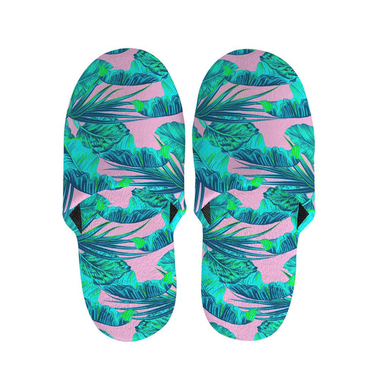 Pink Teal Tropical Leaf Pattern Print Slippers
