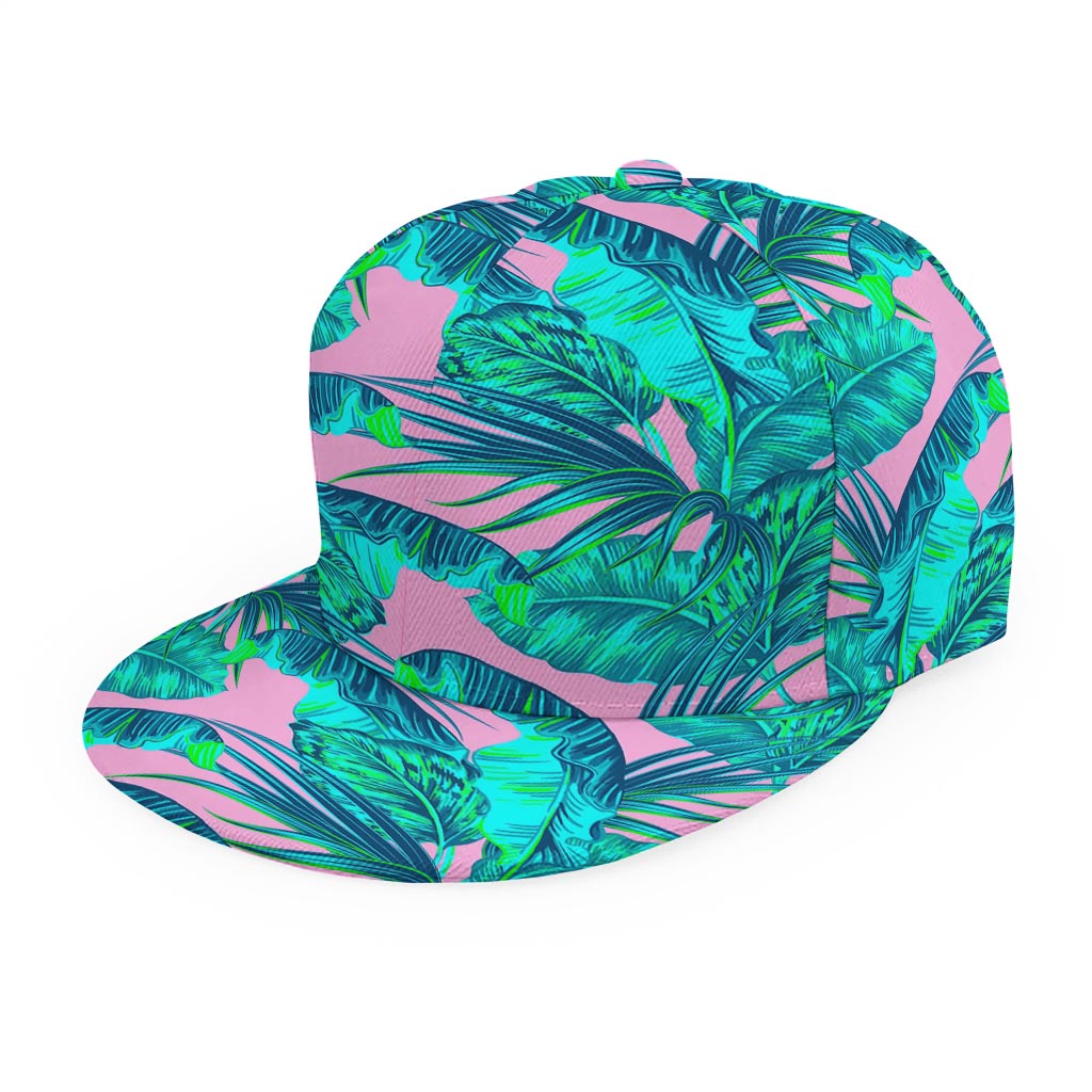 Pink Teal Tropical Leaf Pattern Print Snapback Cap