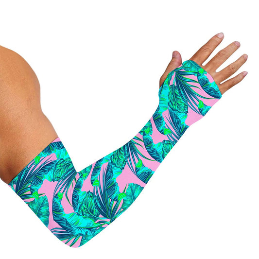 Pink Teal Tropical Leaf Pattern Print Sun Protection Arm Sleeves