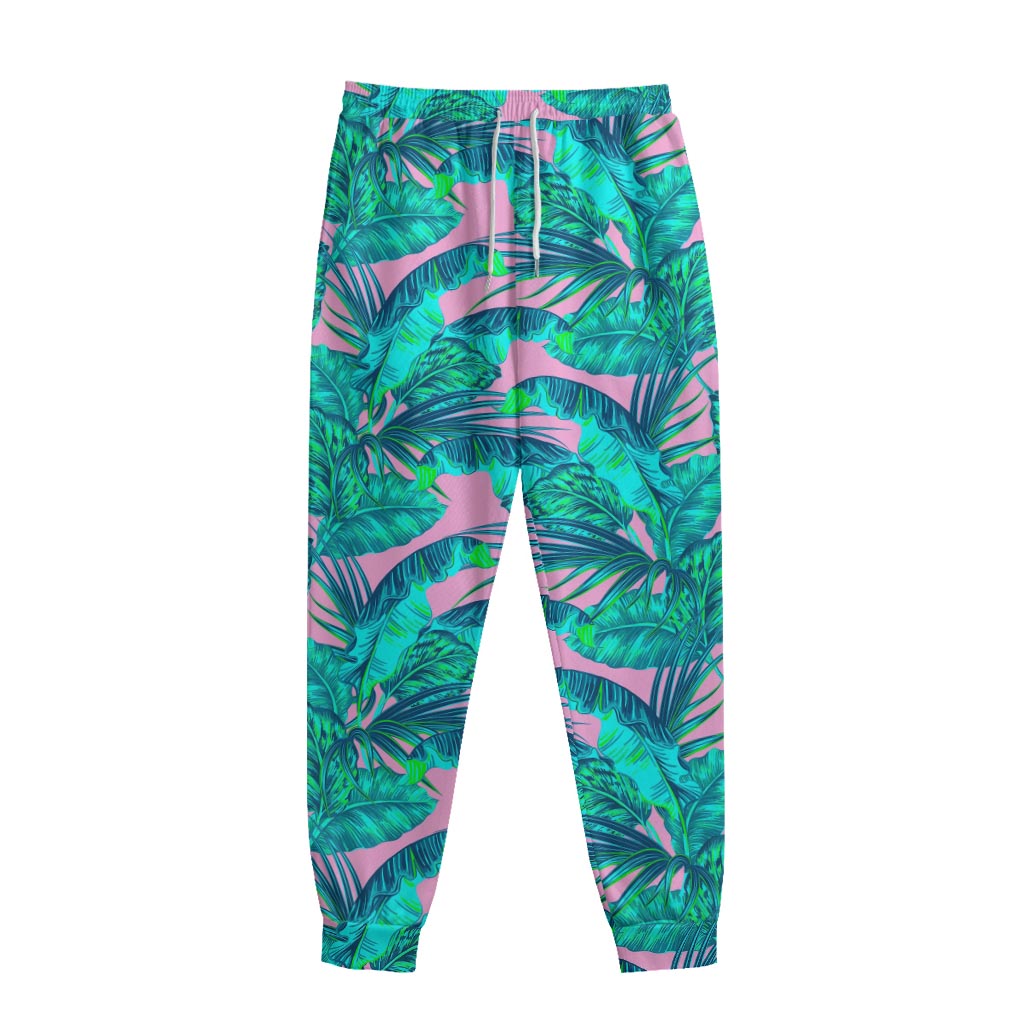 Pink Teal Tropical Leaf Pattern Print Sweatpants