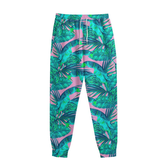 Pink Teal Tropical Leaf Pattern Print Sweatpants