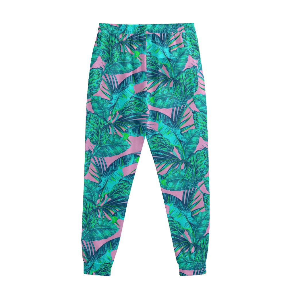 Pink Teal Tropical Leaf Pattern Print Sweatpants