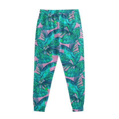 Pink Teal Tropical Leaf Pattern Print Sweatpants