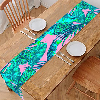 Pink Teal Tropical Leaf Pattern Print Table Runner