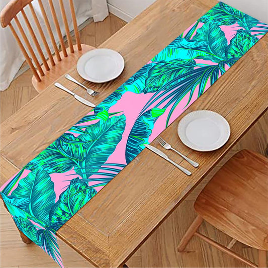 Pink Teal Tropical Leaf Pattern Print Table Runner
