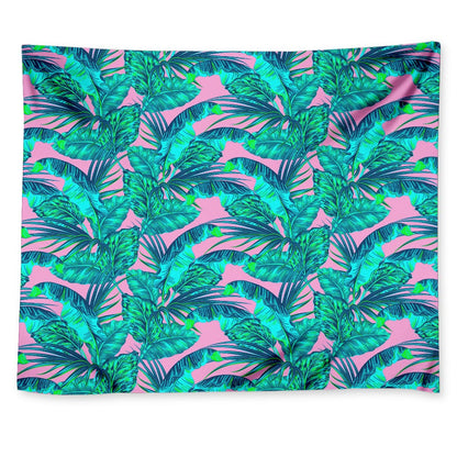 Pink Teal Tropical Leaf Pattern Print Tapestry