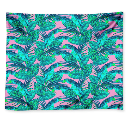 Pink Teal Tropical Leaf Pattern Print Tapestry
