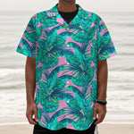Pink Teal Tropical Leaf Pattern Print Textured Short Sleeve Shirt
