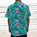 Pink Teal Tropical Leaf Pattern Print Textured Short Sleeve Shirt