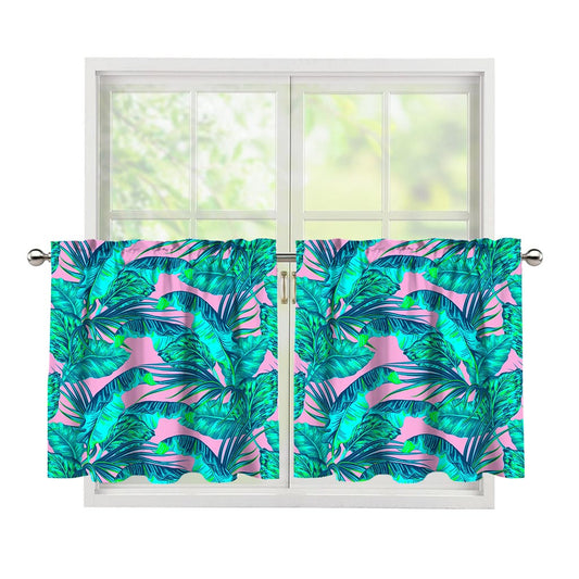 Pink Teal Tropical Leaf Pattern Print Tier Curtains