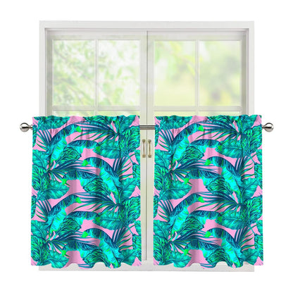 Pink Teal Tropical Leaf Pattern Print Tier Curtains