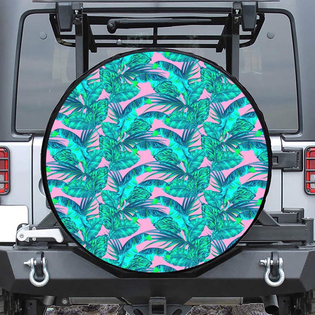 Pink Teal Tropical Leaf Pattern Print Tire Cover