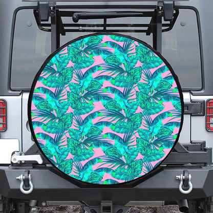 Pink Teal Tropical Leaf Pattern Print Tire Cover