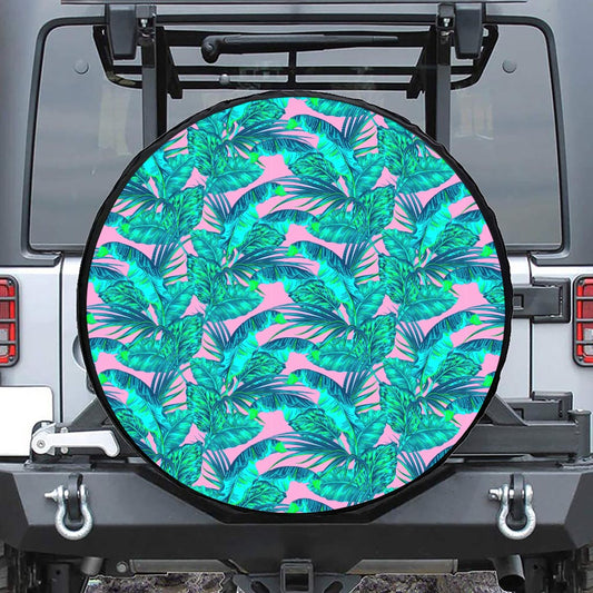 Pink Teal Tropical Leaf Pattern Print Tire Cover
