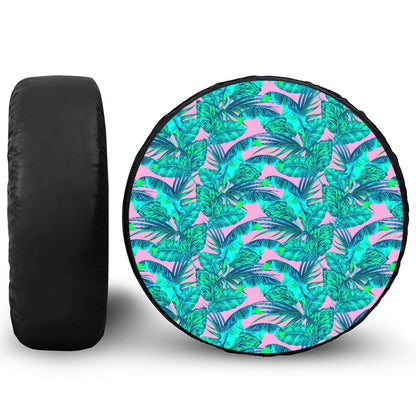 Pink Teal Tropical Leaf Pattern Print Tire Cover