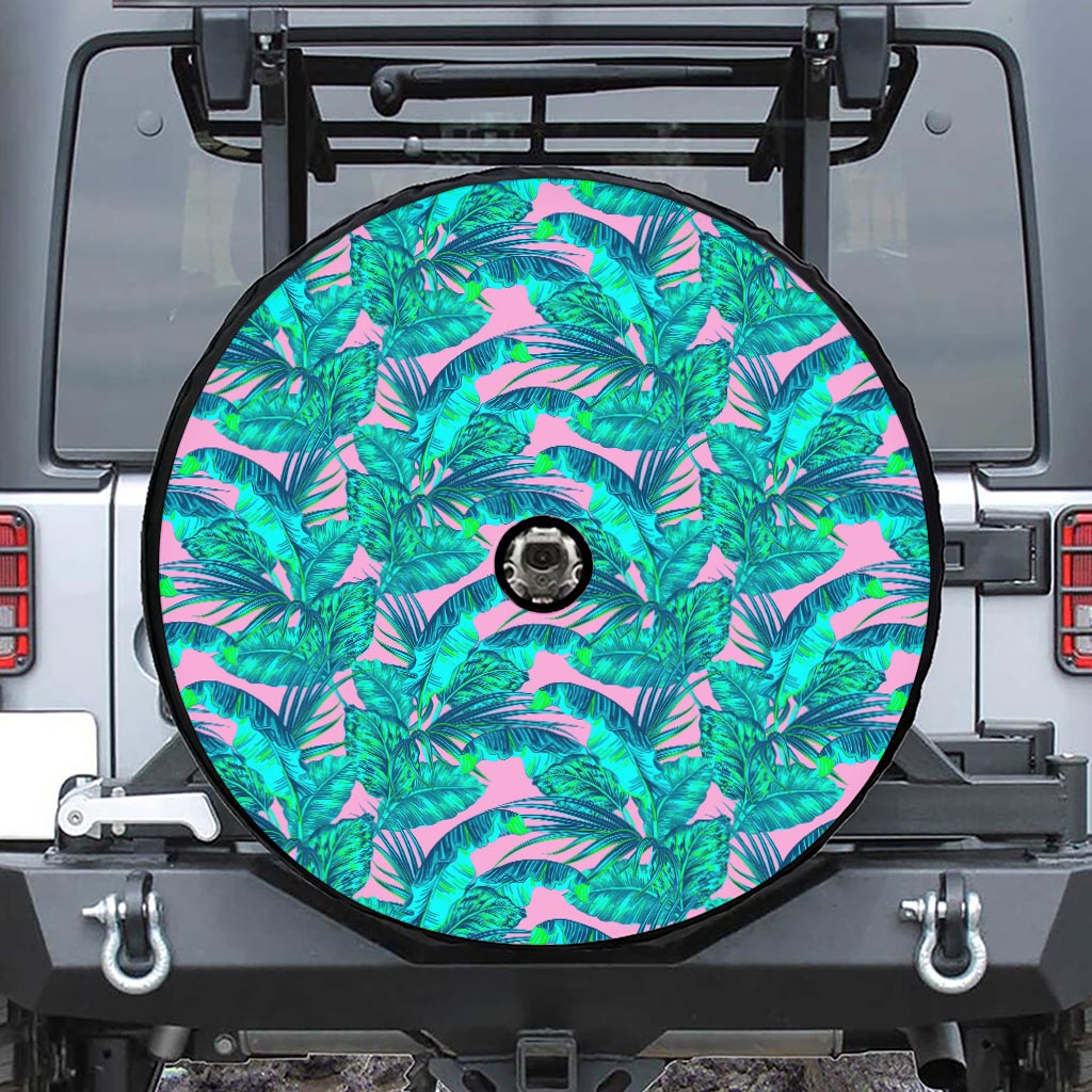 Pink Teal Tropical Leaf Pattern Print Tire Cover With Camera Hole