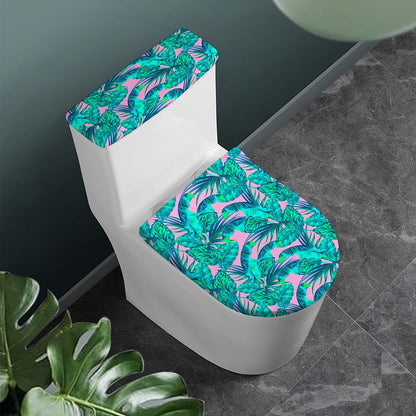 Pink Teal Tropical Leaf Pattern Print Toilet Lid And Tank Cover Set