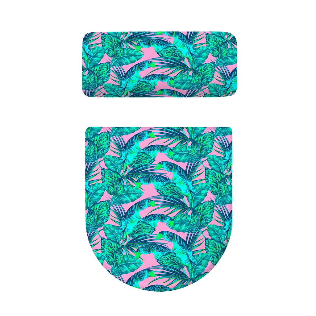 Pink Teal Tropical Leaf Pattern Print Toilet Lid And Tank Cover Set